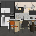 Modern Dining Room With Kitchen Cabinets Pendant Lights Dining Table And Chairs 3d model