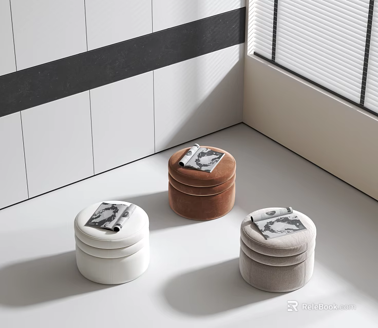White Brown Gray Velvet Stools with Magazines on Bright Room Corner 3d model 