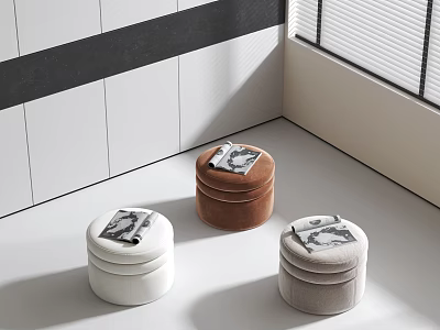 White Brown Gray Velvet Stools with Magazines on Bright Room Corner 3d model