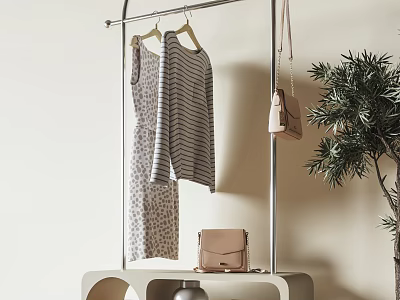 Clothing Rack Featuring Hanging Striped Patterned Dresses Handbag Nearby Plant on Cabinet 3d model