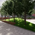 Park Landscape With Green Trees White Flowering Trees Modern Buildings And Paved Area