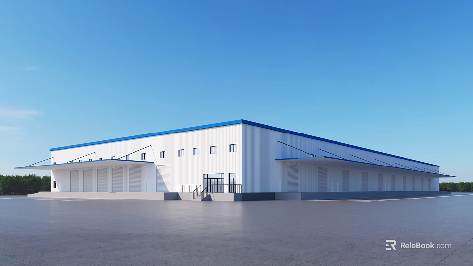 Modern Industrial Warehouse Exterior Design With Blue Roof Roll-up Doors Windows And Entrance 3d model 