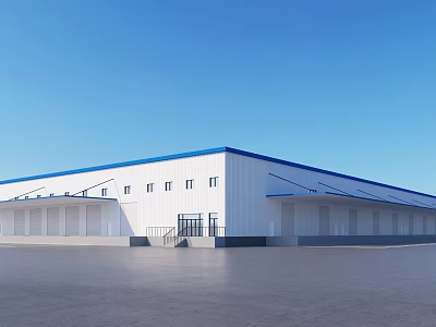 Modern Industrial Warehouse Exterior Design With Blue Roof Roll-up Doors Windows And Entrance 3d model