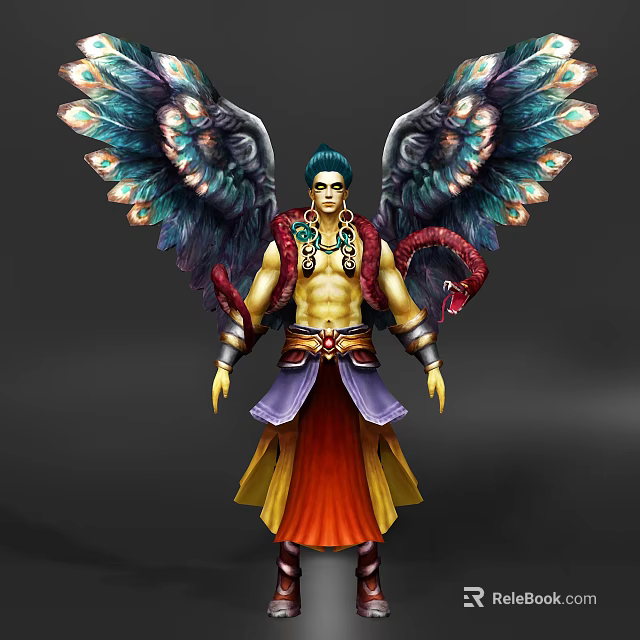 Golden Accented Mythical Game Character with Peacock Wings Blue Hair Snake Arm Red Purple Robe 3d model 