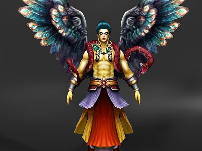 Golden Accented Mythical Game Character with Peacock Wings Blue Hair Snake Arm Red Purple Robe 3d model