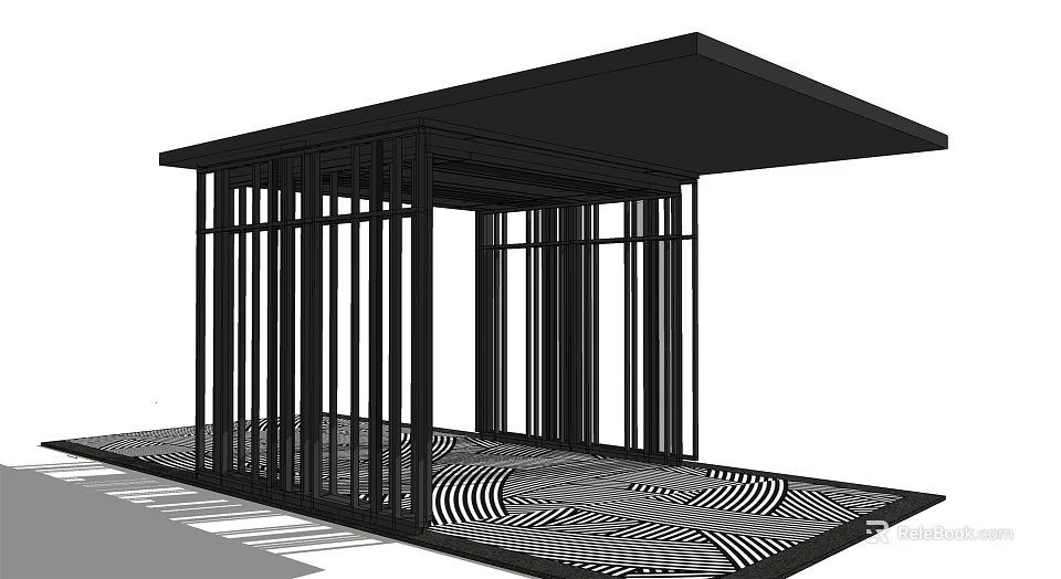 Garden Landscape With Modern Black Metal Frame Pergola And Wavy Pattern Floor 3d model 