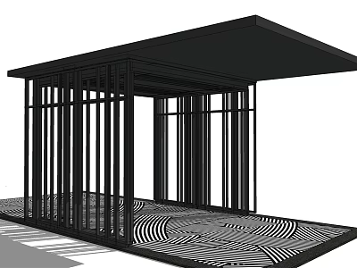 Garden Landscape With Modern Black Metal Frame Pergola And Wavy Pattern Floor 3d model
