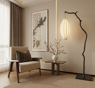 New Chinese Zen Leisure Chair Floor Lamp 3d model