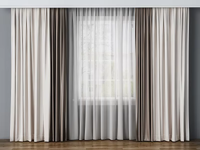 Light And Dark Colored Curtains With Sheer Panels For Window Decoration On Wooden Floor 3d model