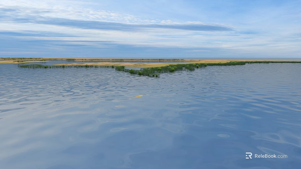 Natural Peaceful Wetland Landscape With Rippling Blue Water And Green Plants Under Bright Cloudy Sky 3d model 