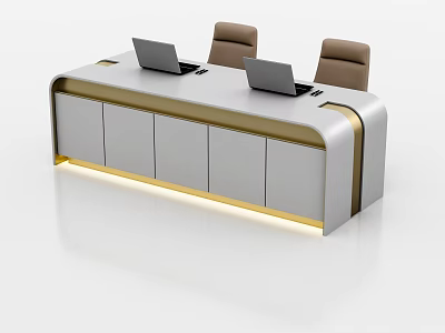 Modern Functional Desk With Two Laptops Brown Chairs White Gold And LED Strip Lighting 3d model