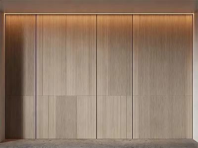 Modern Wooden Wall Paneling With Vertical Grooves And Warm Lighting Design 3d model