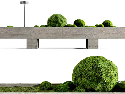 Modern Concrete Flower Bed Planters With Green Topiary Balls And Trimmed Shrubs 3d model