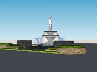 Decorative Fountain with Statue on Top and Water Jets Surrounding Green Grass and Stone Edging 3d model