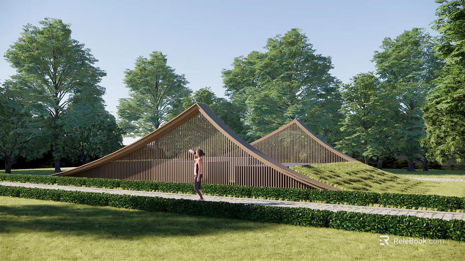 Wooden Fence In Front Of Triangular Roof Building With Green Trees Lawn And Person Standing 3d model 