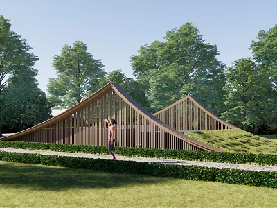 Wooden Fence In Front Of Triangular Roof Building With Green Trees Lawn And Person Standing 3d model