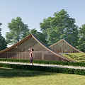 Wooden Fence In Front Of Triangular Roof Building With Green Trees Lawn And Person Standing