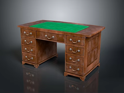 Vintage Wooden Office Desk With Green Felt Top Multiple Drawers And Metal Handles 3d model