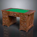 Vintage Wooden Office Desk With Green Felt Top Multiple Drawers And Metal Handles