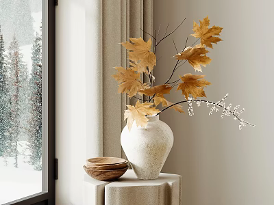 White Ceramic Vase With Yellow Maple Leaves On Cloth Covered Table By Window With Snowy Scene And Wooden Bowl 3d model