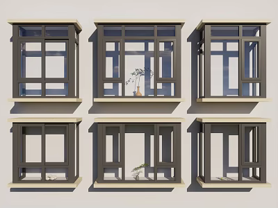 Home Design With Multiple Bay Windows Black Frames And Decorative Plants On Sill 3d model