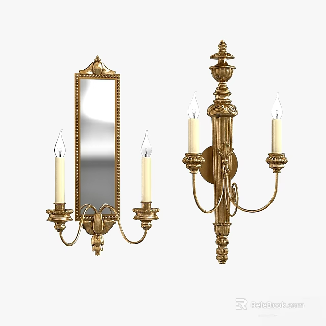 Classical Golden Wall Sconces With Ornate Design Candle Shaped Bulbs And Accent Mirror 3d model 