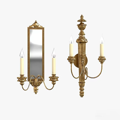 Classical Golden Wall Sconces With Ornate Design Candle Shaped Bulbs And Accent Mirror 3d model