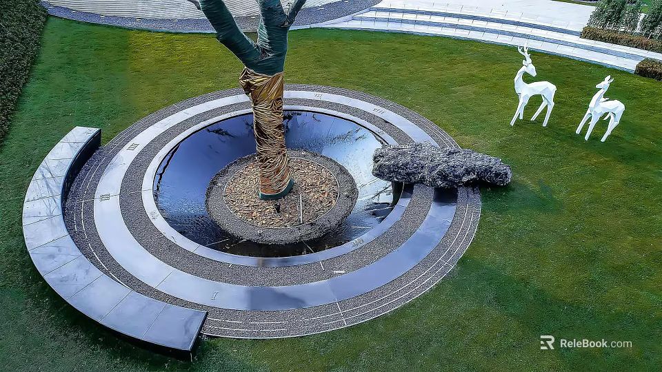 Circular Tree Pit With Wrapped Tree Trunk Pavement Lawn Deer Sculpture And Stone 3d model 