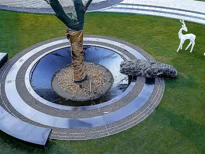 Circular Tree Pit With Wrapped Tree Trunk Pavement Lawn Deer Sculpture And Stone 3d model
