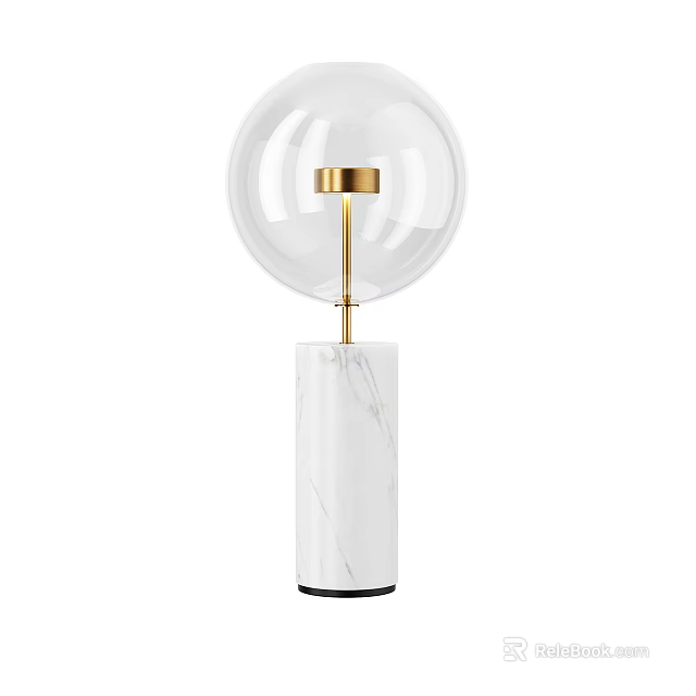 Modern Table Lamp With Transparent Spherical Lampshade Golden Pole And White Marble Base 3d model 
