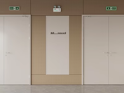 Essential Fire Equipment With Fire Exit Signs On Three Fire Doors In Building Interior 3d model