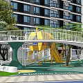 Fun Children's Play Area With Curved Slides Climbing Structures Green Trees And Lush Lawns