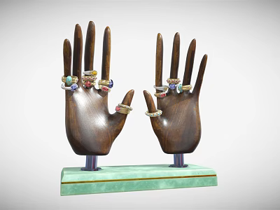 Colorful Gemstone Jewelry Rings Displayed On Wooden Hand Models With Green Base 3d model