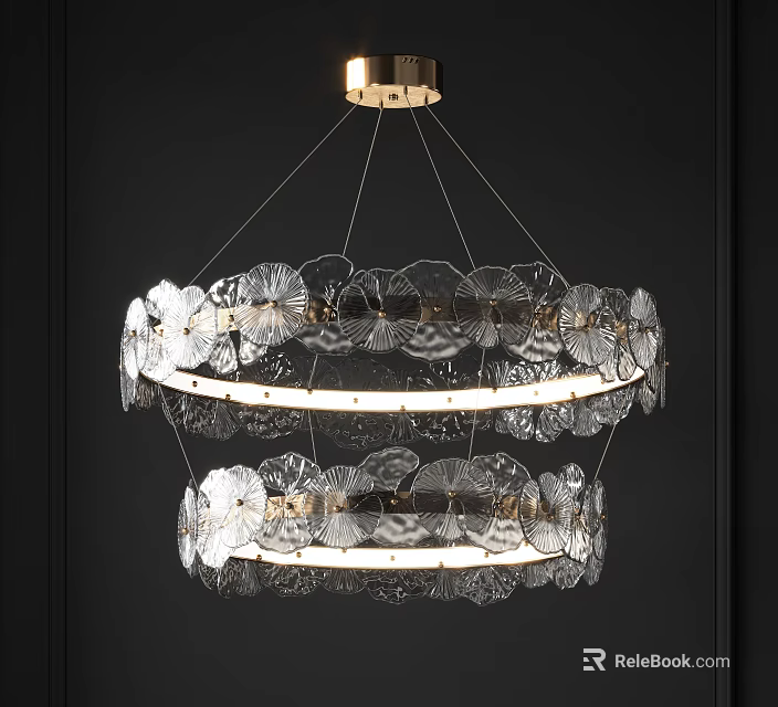 Modern Double Layer Chandelier With Transparent Petal Decorations And Gold Base 3d model 