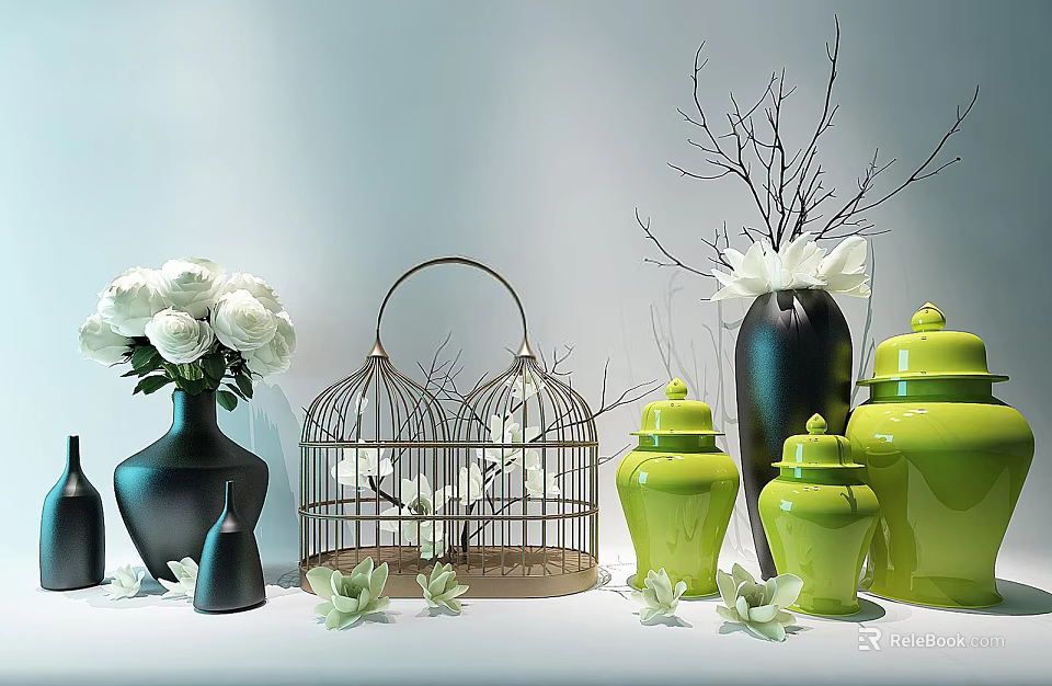 Stylish Decorative Ornament Set With Green Jars Black Vases Birdcage And White Flowers 3d model 