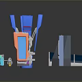 Various Gate Models Showcasing Blue and Gray Structures on Reflective Surface