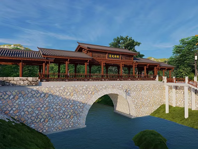 Traditional Chinese Stone Arch Bridge With Wooden Pavilion Over River Surrounded By Trees And Mountains 3d model
