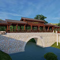 Traditional Chinese Stone Arch Bridge With Wooden Pavilion Over River Surrounded By Trees And Mountains