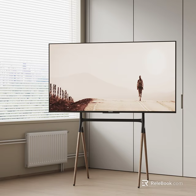 Stylish TV On Wooden Stand In Modern Interior With Scenic View And Window Blinds 3d model 
