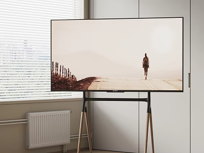 Stylish TV On Wooden Stand In Modern Interior With Scenic View And Window Blinds 3d model