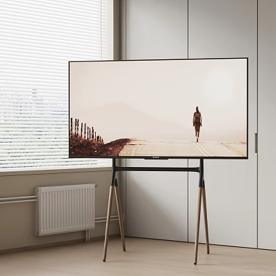 Stylish TV On Wooden Stand In Modern Interior With Scenic View And Window Blinds 3d model