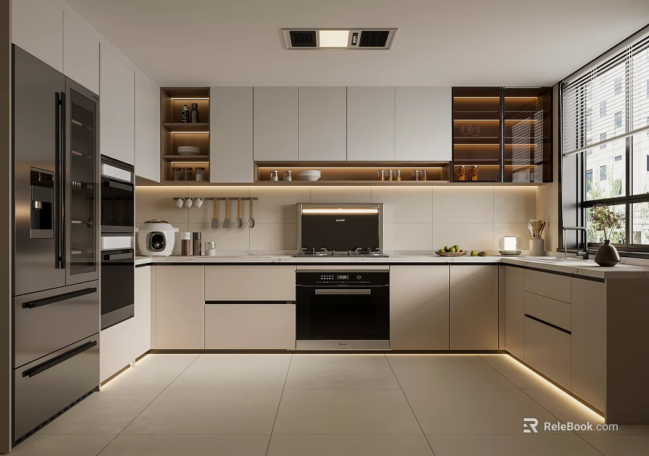 Modern Kitchen Interior With Light Cabinets Appliances Recessed Lighting And Natural Light 3d model 