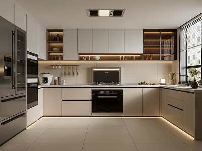Modern Kitchen Interior With Light Cabinets Appliances Recessed Lighting And Natural Light 3d model