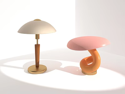 Modern Table Lamps With White Pink Shades Wooden Stem And Curved Orange Base 3d model