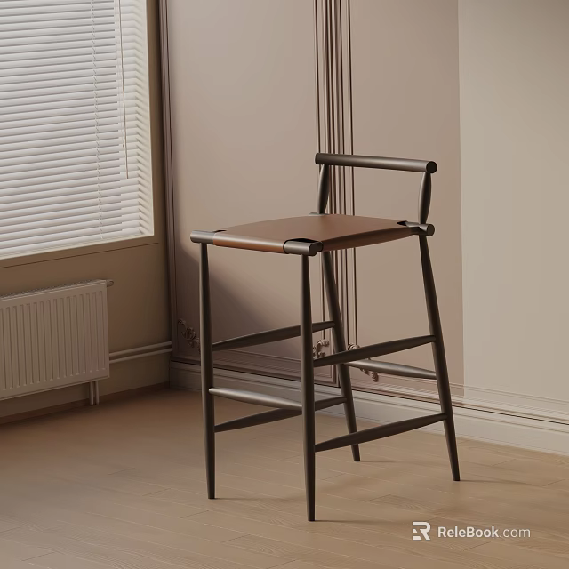 Bar Stool with Wooden Seat Metal Frame in Modern Room Window Wooden Floor Design 3d model 