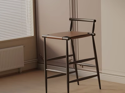 Bar Stool with Wooden Seat Metal Frame in Modern Room Window Wooden Floor Design 3d model