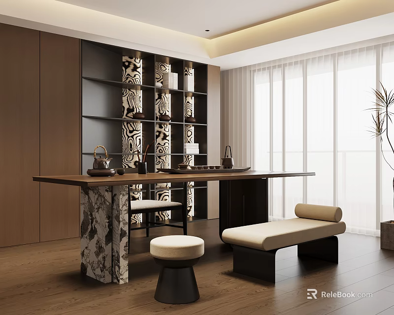 Modern Tea Room Interior With Wooden Shelves Marble Tea Table Bench Seating And Curtains 3d model 