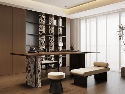 Modern Tea Room Interior With Wooden Shelves Marble Tea Table Bench Seating And Curtains 3d model