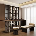 Modern Tea Room Interior With Wooden Shelves Marble Tea Table Bench Seating And Curtains