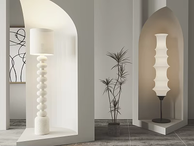 Modern White Floor Lamps With Stacked Round And Wave Shaped Designs In Arched Niches Interior 3d model